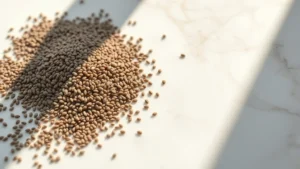 Close-up of chia seeds scattered on white marble surface with morning sunlight creating shadows, photorealistic, natural lighting, healthy food aesthetic