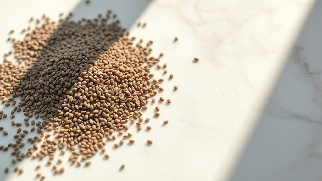 Close-up of chia seeds scattered on white marble surface with morning sunlight creating shadows, photorealistic, natural lighting, healthy food aesthetic