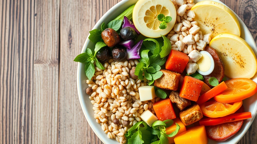 Overhead view of colorful balanced meal plate with grains, vegetables, proteins, and healthy fats, natural daylight, nutritious food composition
