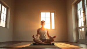Person meditating at sunrise in a peaceful minimalist room, natural light streaming through windows, serene focused expression, comfortable seated position on cushion, indoor zen environment