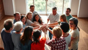 Diverse group of people standing together in a circle with hands together in center, smiling warmly with natural sunlight, representing community unity and spiritual connection in a modern church setting