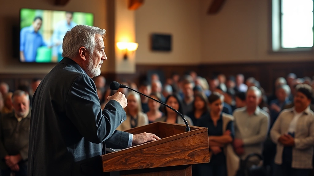 Pastor speaking passionately at a podium with engaged congregation members listening attentively in background, warm lighting creating welcoming atmosphere, symbolizing inspirational leadership and spiritual growth