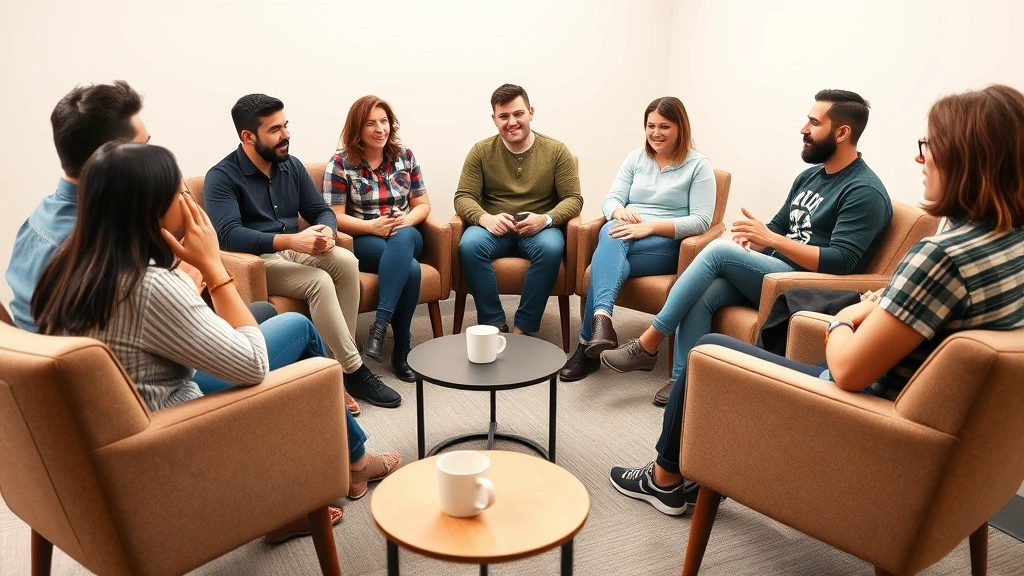 Small group of people sitting in comfortable chairs in circle formation having animated discussion with open body language, coffee cups nearby, representing meaningful small group connection and discipleship community
