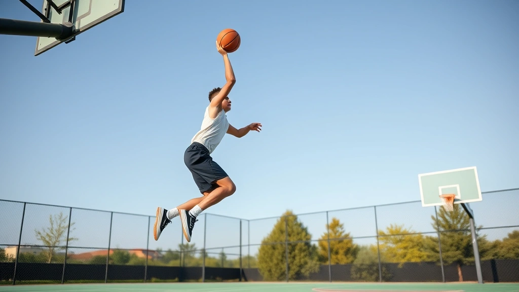 Young athlete jumping during basketball game, mid-air with proper form, dynamic movement showing athletic development, outdoor court setting, natural daylight