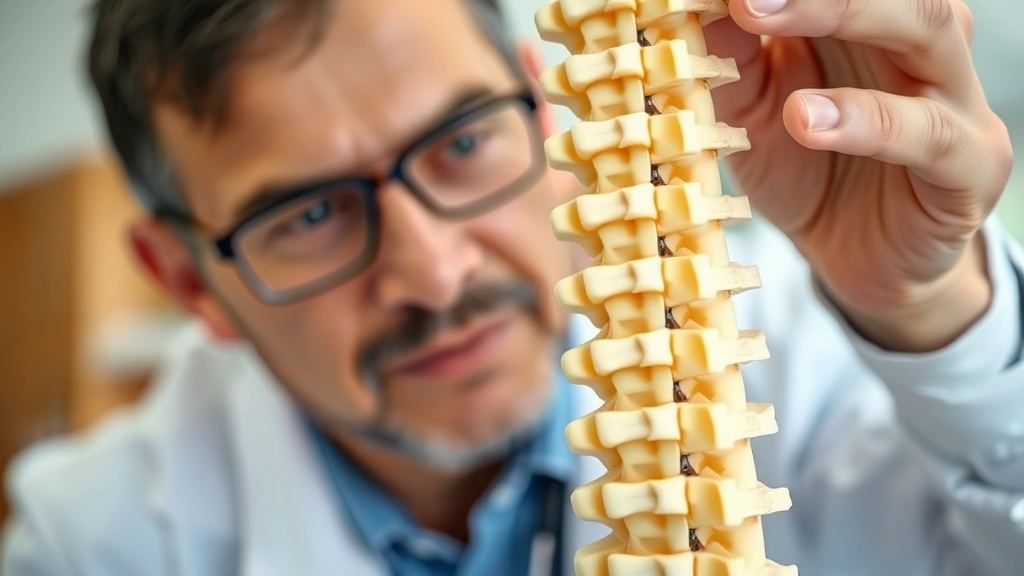 Close-up of healthy spine model or anatomical illustration showing vertebrae and intervertebral discs, person studying or examining it with focused expression, clinical setting