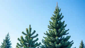 A healthy, vibrant Colorado blue spruce tree standing alone in bright morning sunlight with rich blue-green foliage, demonstrating optimal growth and form against a clear sky