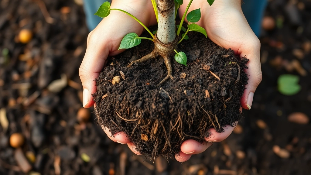 Close-up of hands holding rich, dark soil with organic mulch and healthy root system visible, showing proper soil composition and nutrient-rich growing medium for tree development