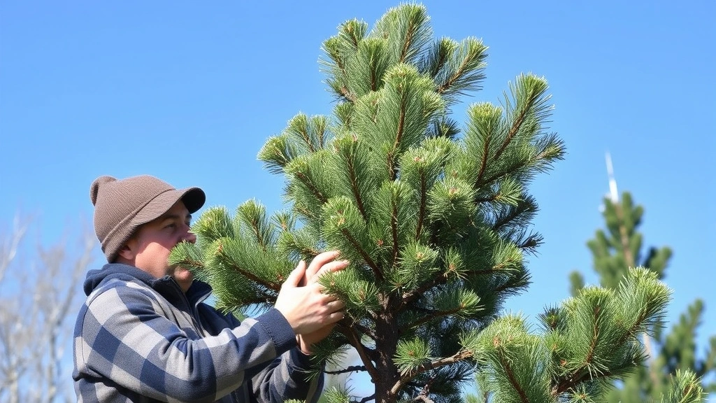 A person carefully pruning lower branches of a well-shaped Colorado spruce tree in early spring, demonstrating proper pruning technique with clean cuts and proper form maintenance