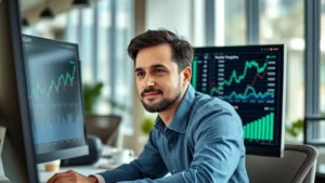 Professional businessman analyzing financial data on computer screen showing growth charts and investment portfolio performance metrics, confident expression, modern office environment, natural lighting