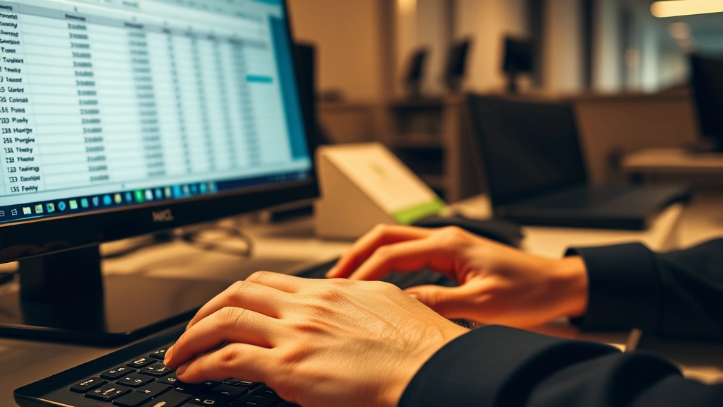 Close-up of hands typing on keyboard with Excel spreadsheet visible on monitor displaying financial calculations and data tables, focused work environment, warm office lighting