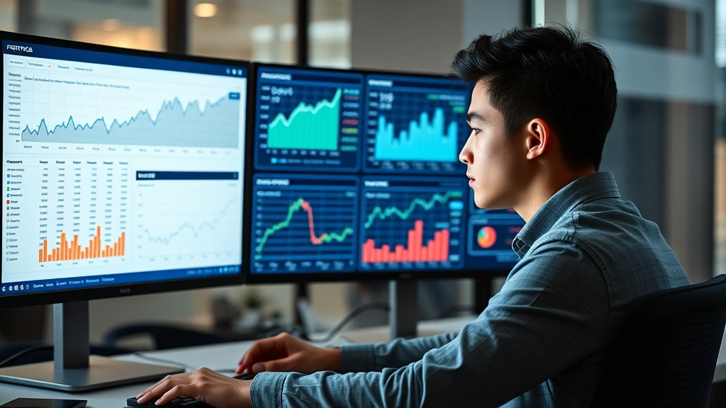 Young investor reviewing investment performance dashboard on multiple screens showing portfolio growth trends, CAGR calculations, and market analysis charts, determined professional appearance, contemporary workspace