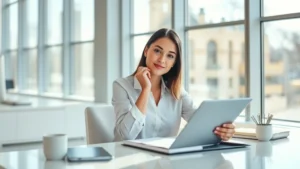 A professional woman sitting at a clean desk with morning sunlight streaming through large windows, notebook open, looking focused and energized, hands positioned thoughtfully near face, contemporary minimalist workspace, calm composed expression