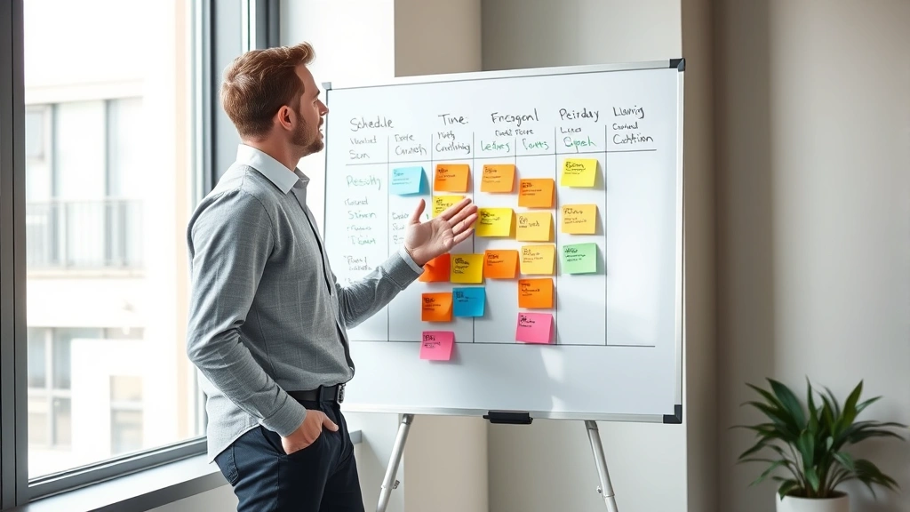 A person standing at a whiteboard with colorful time blocks written out, gesturing toward the schedule with confidence, natural window lighting, modern office setting, showing strategic planning and organization