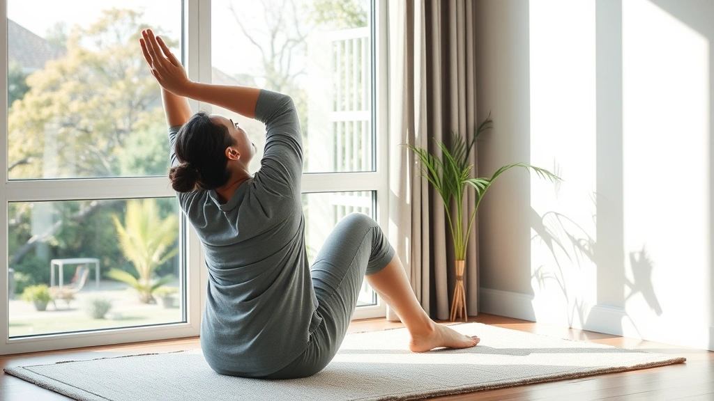Someone in a comfortable position during a break, stretching near a window with nature visible outside, taking a mindful pause between work sessions, peaceful natural lighting, demonstrating energy restoration and self-care