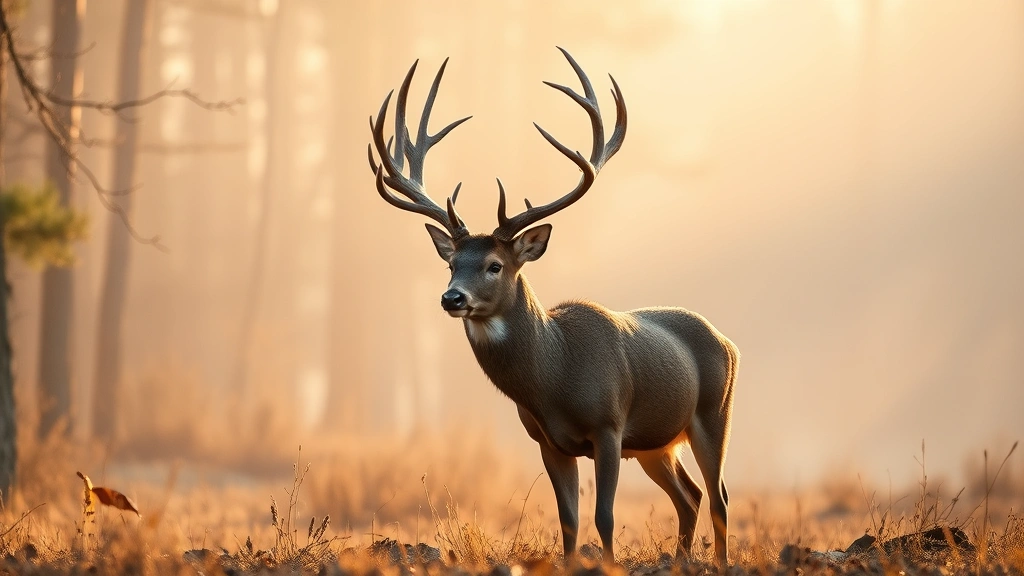A mature buck with fully developed antlers standing in early morning light, showing the completed hardened antlers in a natural forest setting with mist, representing the culmination of months of growth and readiness for application