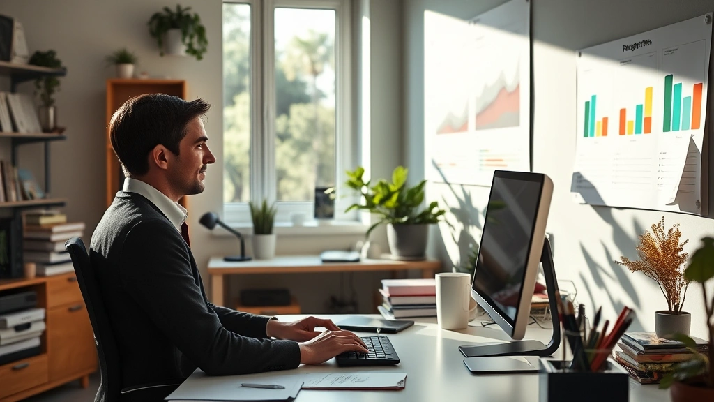 A professional in an optimal work environment with natural light, organized workspace, and visible progress charts on wall, showing systematic tracking and environmental optimization principles applied to human development