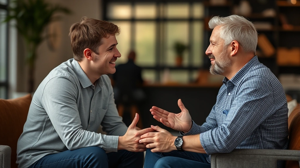 Two people having genuine conversation, active listening body language, warm lighting, authentic connection and empathy in interaction, sitting face to face