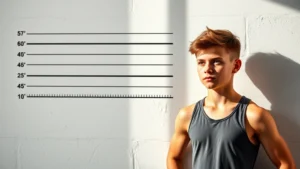 Athletic teenage boy standing against height measurement wall, determined expression, natural gym setting, morning sunlight, showing posture improvement and confidence growth over time