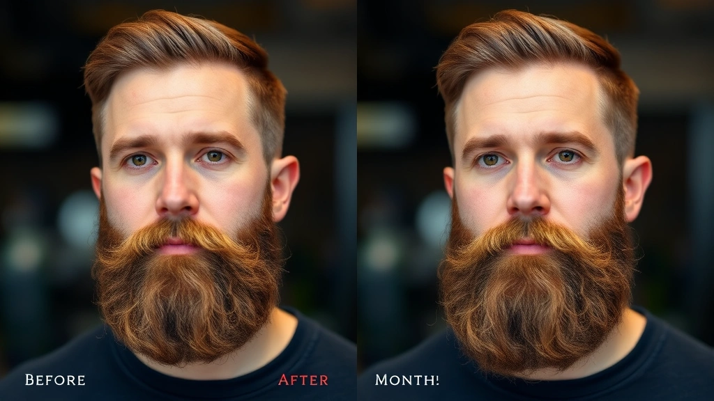 Before and after comparison style image showing beard density improvement over months, split-screen with man displaying fuller beard growth, professional grooming photography
