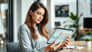 Professional woman reviewing financial charts and growth graphs on tablet in modern office, focused expression, natural window lighting, contemporary workspace setting