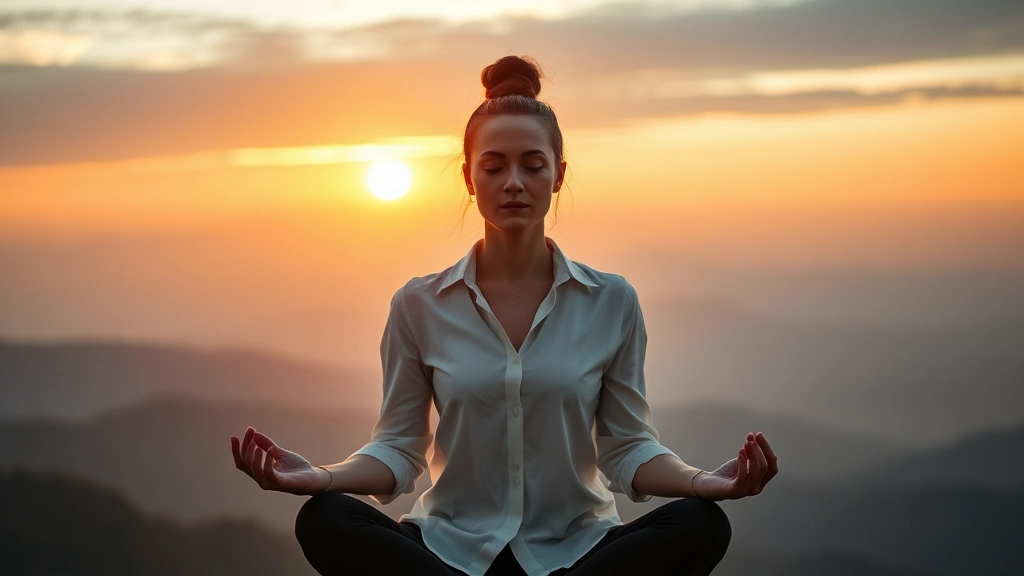 Professional woman meditating at sunrise on mountain peak, hands in prayer position, peaceful expression, golden light, nature background, representing mindfulness and personal breakthrough