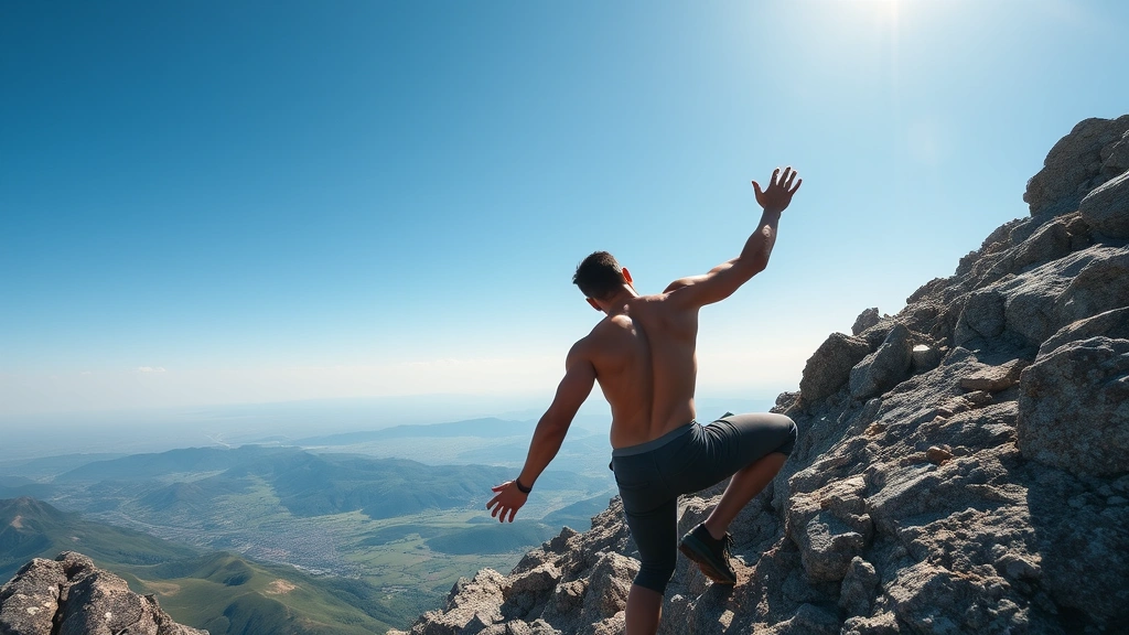Person climbing rocky mountain path with determination, reaching upward toward clear sky, muscles engaged, focused expression, vast landscape below, symbolizing overcoming challenges and growth