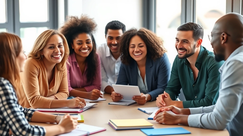 Group of diverse professionals in collaborative meeting, smiling and engaged, sharing ideas around table with notebooks, natural light, representing community support and collective growth