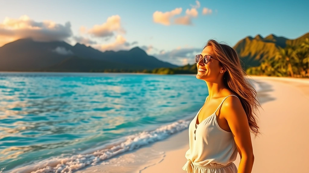 A woman standing on a pristine white sand beach with turquoise Caribbean waters and lush green volcanic mountains in the background, wearing casual summer attire, smiling while looking toward the horizon during golden hour sunset, photorealistic, natural lighting, peaceful expression