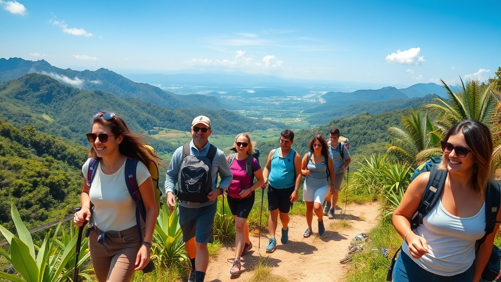 A diverse group of tourists hiking on a scenic mountain trail with panoramic valley views, wearing hiking gear, genuinely engaged and enthusiastic, tropical vegetation surrounding the path, bright daylight, photorealistic, capturing the joy of adventure tourism