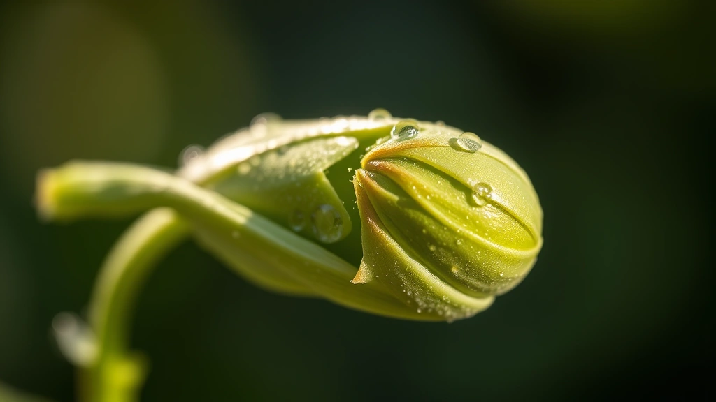 Close-up of unopened green bud with protective scales, morning dew droplets, soft natural sunlight, botanical detail, photorealistic, representing dormancy and potential