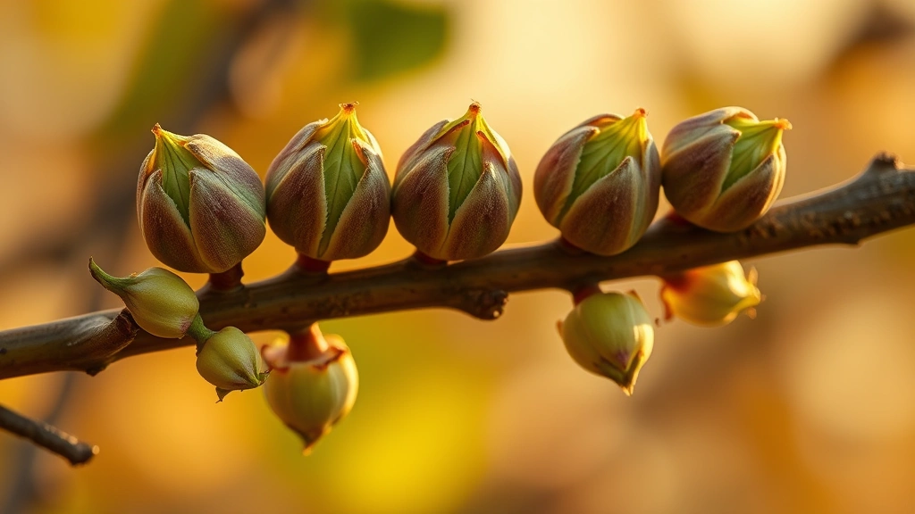 Multiple buds at different growth stages on branch, scales breaking open with emerging green leaves visible, warm golden hour lighting, showing progression and emergence phases