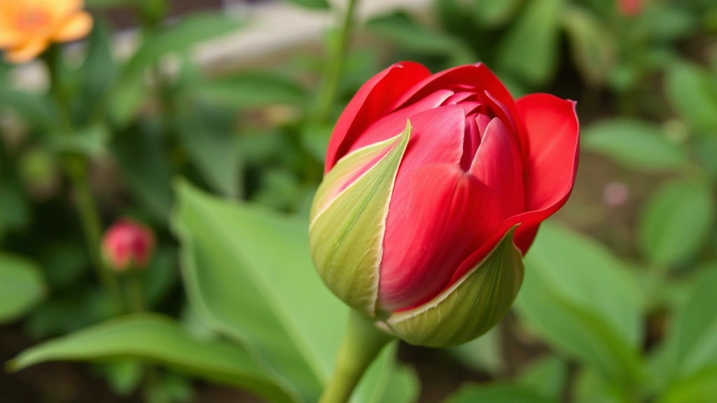 Fully mature bud about to bloom, vibrant colors visible, petals beginning separation, lush details, natural garden setting, representing pre-bloom maturation and readiness stage