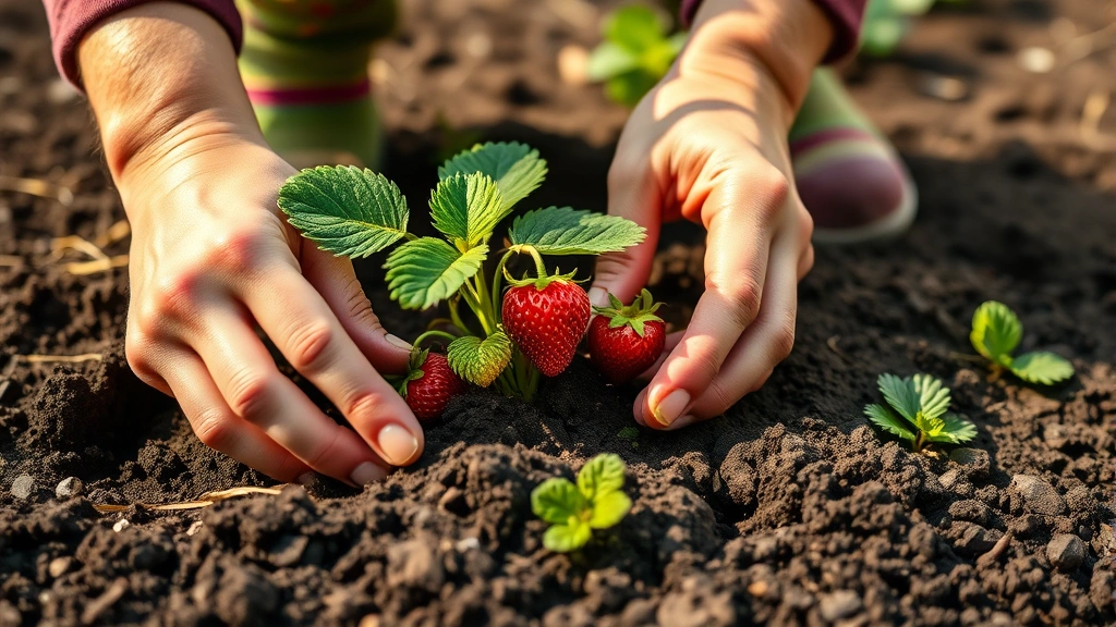 Hands planting fresh strawberry transplant in rich dark soil, morning sunlight, gardener in earth tones, close-up detail of crown positioning, garden bed background