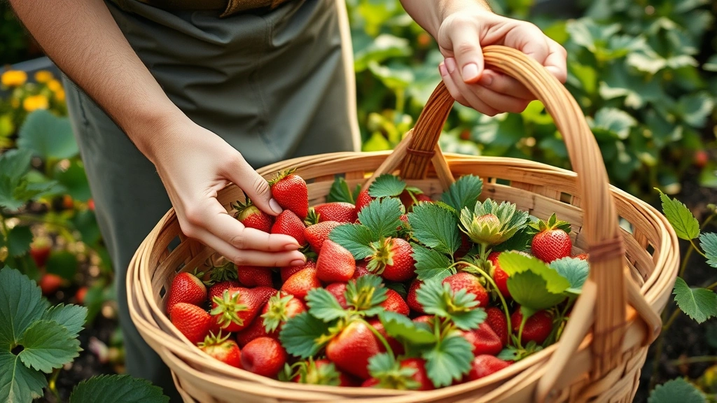 Gardener harvesting ripe strawberries into wooden basket, natural morning light, hands gently picking berries, abundant fruit visible on plants, peaceful garden atmosphere