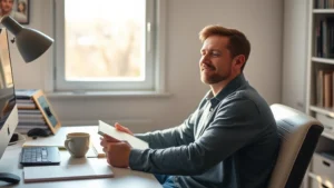 Person sitting at desk with notebook and coffee, looking peaceful and focused, natural morning light streaming through window, calm workspace environment, expression of quiet determination
