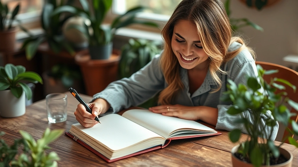 Woman journaling or writing goals in notebook at wooden table, surrounded by plants, warm lighting, hands visible writing, genuine smile, personal development moment captured naturally