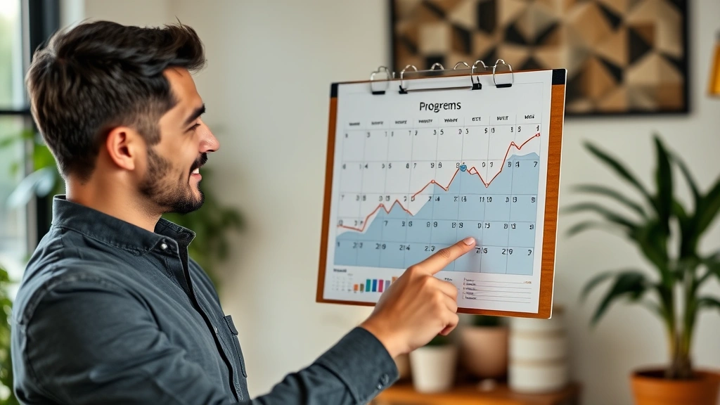 Professional person reviewing progress on calendar or chart, pointing at milestone achievements, growth visualization, natural indoor setting, satisfied expression, tracking success without stress