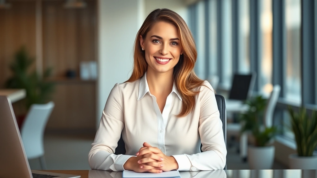 Professional woman sitting confidently at desk with hands folded, warm natural lighting, genuine smile, modern office background, conveying inner strength and self-assurance