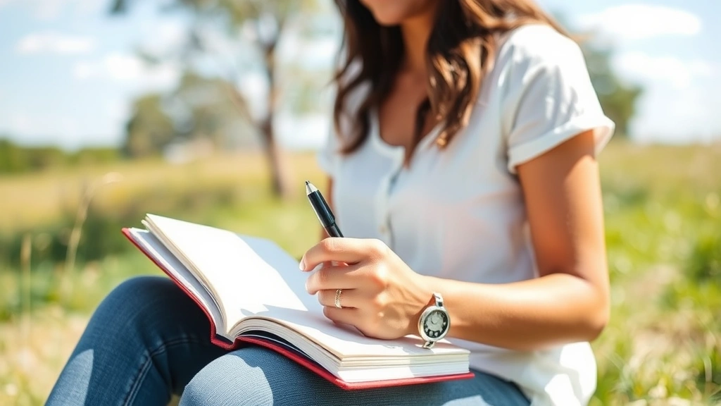 Person journaling outdoors on a sunny day, writing in notebook while sitting peacefully, natural scenery, reflective expression, representing self-compassion and personal reflection
