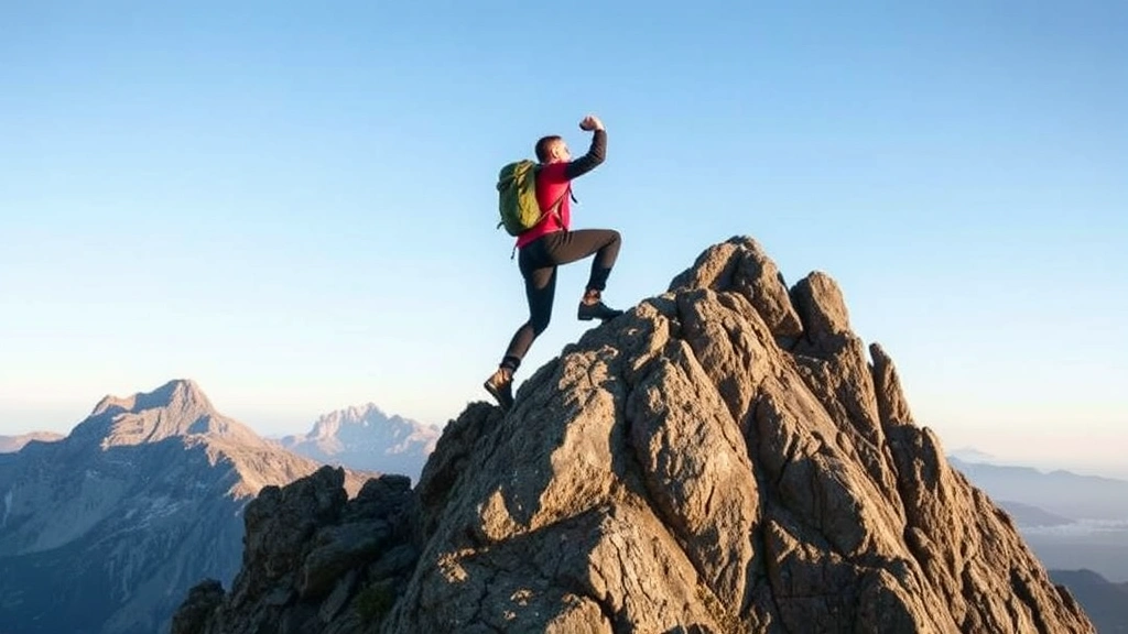 Individual climbing a mountain with determination, reaching toward summit, resilient posture, clear sky, representing personal growth, achievement, and overcoming challenges