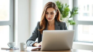 Professional woman in modern office sitting at desk with laptop, focused and confident expression, bright natural light from window, minimalist workspace with notebook and coffee, representing peak productivity and deep work concentration