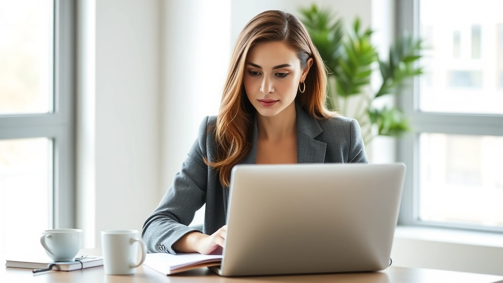 Professional woman in modern office sitting at desk with laptop, focused and confident expression, bright natural light from window, minimalist workspace with notebook and coffee, representing peak productivity and deep work concentration