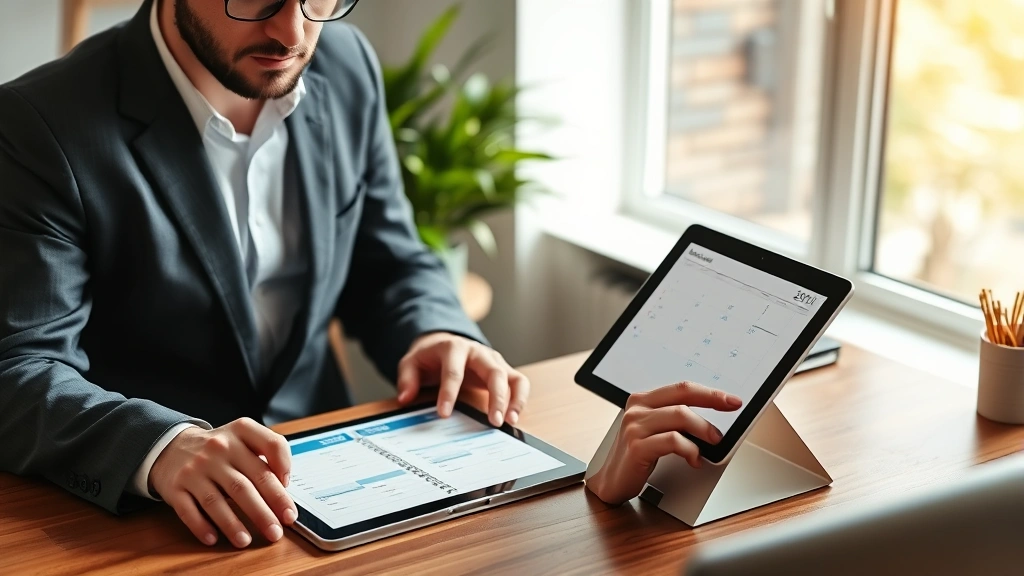 Man in business casual attire using digital planner on tablet at wooden desk, calendar and goals visible on screen, organized workspace with plant, morning sunlight, depicting time blocking and strategic planning in action