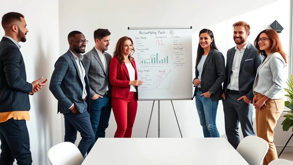 Diverse group of four professionals in collaborative meeting room, standing around whiteboard with progress charts, energetic and engaged body language, natural lighting, representing accountability systems and team-based productivity success
