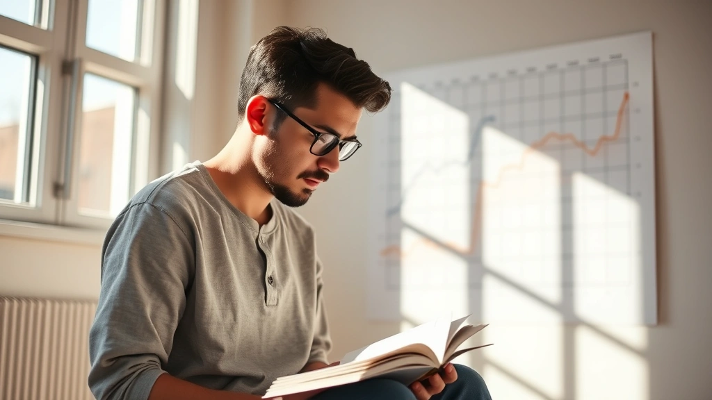 A person journaling in a sunlit room with a growth chart visible on the wall behind them, showing upward trending lines and progress markers, photorealistic candid moment of self-reflection