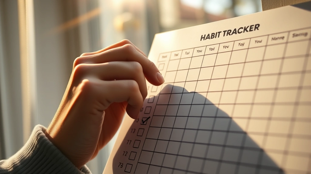 Close-up of hands placing a checkmark on a habit tracker chart, morning sunlight streaming through a window, photorealistic image capturing the moment of daily commitment and accountability