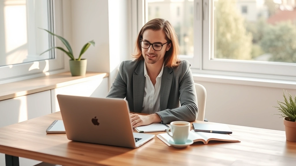 Professional person at sunrise working at clean wooden desk with morning coffee, focused expression, natural light streaming through window, laptop and notebook visible, serene productive atmosphere
