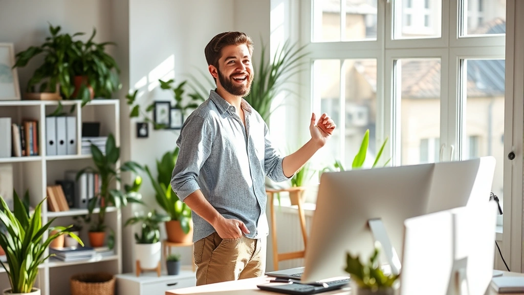 Individual in home office during peak energy hours, standing at standing desk with energized posture, bright natural lighting, organized workspace, motivated expression, plants in background