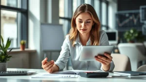 Professional woman reviewing financial charts and economic data on tablet in modern office, natural lighting, focused expression, papers and calculator visible on desk