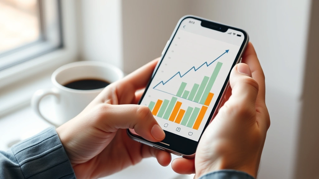 Close-up of hands holding a smartphone displaying investment portfolio growth chart with upward trending lines, coffee cup beside them, natural lighting from window, conveying progress and strategic planning